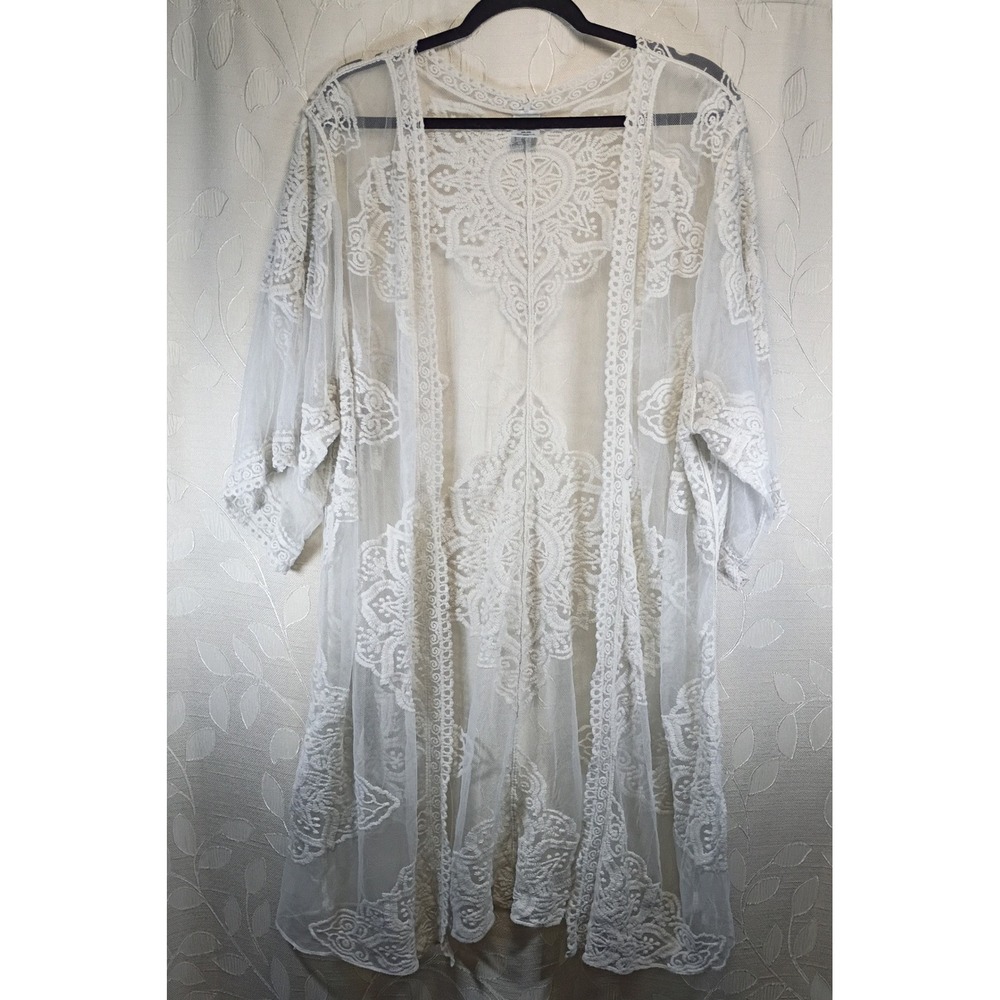 White Sheer Floral Lace Kimono Cardigan Open Front Longline Cover Up 2XL 3XL